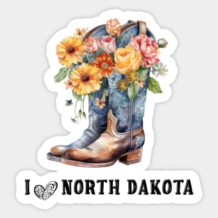 I Love North Dakota Boho Cowboy Boots with Flowers Watercolor Art Sticker